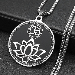 Нержавеющая Сталь Цвет Тема йоги 201 плоские круглые ожерелья из нержавеющей стали с подвесками в виде лотоса и луны, ожерелья-цепочки для женщин, цвет нержавеющей стали, 19.76 дюйм (50.2 см)