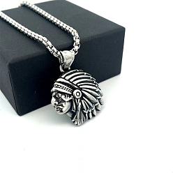 Нержавеющая Сталь Цвет Винтажный 304 кулон из нержавеющей стали в стиле индейцев, хип-хоп, мужской кулон-цепочка, цвет нержавеющей стали, 23.62 дюйм (60 см)