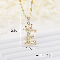 Letter E Латунные микропаве прозрачные кубические цирконии корона инициал кулон ожерелья, реальный 18 k позолоченный, Письмо E, 15.75 дюйм (40 см)