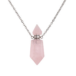 Rose Quartz 1Pc Natural Rose Quartz Faceted Pointed Bullet Shaped Perfume Bottle Pendant Necklaces, with Alloy Chains, 19.17 inch(48.7cm)