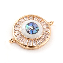 Golden Brass Micro Pave Cubic Zirconia Links Connectors, with Abalone Shell/Paua Shell, Cadmium Free & Nickel Free & Lead Free, Eye, Clear, Golden, 20x15x5mm, Hole: 1.2mm