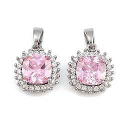 Pink Латунные микро проложить кубического циркония прелести, квадратных амулеты, платина, розовые, 14.5x13x6.5 мм, отверстие: 4x2.5 мм
