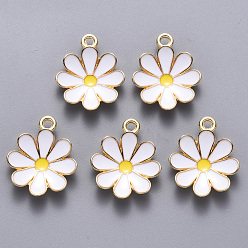 White Alloy Enamel Pendants, Flower, Light Gold, White, 19x16x3.5mm, Hole: 1.8mm