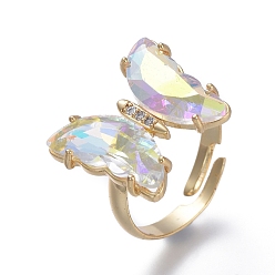 Прозрачный АВ Регулируемые латунные пальцевые кольца, с четким кубического циркония, бабочка, золотые, ясно AB, Размер 7, внутренний диаметр: 17 мм