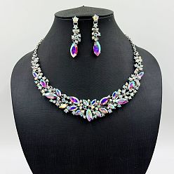 Cветлый Аметист Аb Сплава горный хрусталь комплектов ювелирных изделий, включают серьги и ожерелья, слезинка/цветок, платина, светлый аметист AB, 440 мм