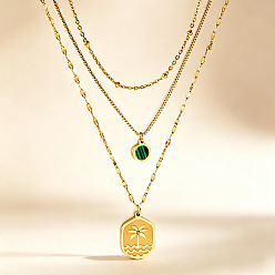 Golden 304 Stainless Steel & Synthetic Malachite Tree Pendant 3 Layer Necklaces for Women, Golden, 15.75 inch(40cm)~17.72 inch(45cm), 3pcs/set