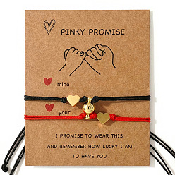 Mixed Color Adjustable Metal Heart Nylon Cord Braided Bead Couple Bracelet Set with Magnetic Clasps, Golden, with Paper Display Cards, Mixed Color, 11.02 inch(28cm), 2pcs/set