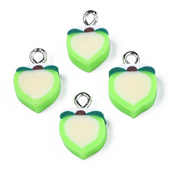 Pale Green Handmade Polymer Clay Charms, with Platinum Tone Iron Loop, Imitation Fruit, Peach, Pale Green, 13~16x8~10x4~5mm, Hole: 1.8~2mm