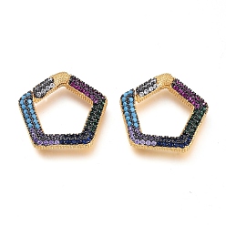 Colorful Brass Micro Pave Cubic Zirconia Spring Gate Rings, Pentagon, Golden, Colorful, 19.5x20x3.5mm, Inner diameter: 12.5x13.5mm