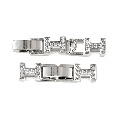 Platinum SHEGRACE Brass Micro Pave Clear Cubic Zirconia Fold Over Claps, H-Shaped, Cadmium Free & Lead Free & Nickel Free, Long-Lasting Plated, Platinum, 32mm, Hole: 1mm