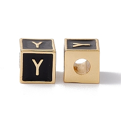 Letter Y Стойки покрытие латунь эмаль бисер, без кадмия, без никеля и без свинца, реальный 18 k позолоченный, куб с письмом, чёрные, letter.y, 6x6x6 мм, отверстие : 2.5 мм
