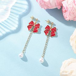 Красный Серьги-гвоздики с бантом из эмалевого сплава, с подвесками из пластика имитация жемчуга, золотые, красные, 75x21 мм