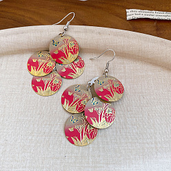 Cerise Boucles d'oreilles pendantes plates rondes en émail de fer pour femmes, motif de fleur, couleur inox, cerise, 70x30mm