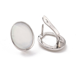 Platinum Rack Plating Brass Hoop Earring Findings with Latch Back Closure, with Shell and Vertical Loops, Oval, Cadmium Free & Lead Free, Long-Lasting Plated, Platinum, 18x14x11.5mm, Hole: 1.4mm, Pin: 1mm