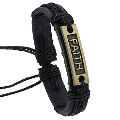 Античное Золото Регулируемые браслеты из искусственной кожи, сплав прямоугольник со словом вера звено браслеты для мужчин, античное золото , внутренний диаметр: 2-1/8~2-3/4 дюйм (5.5~7 см)