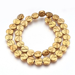 Golden Plated Non-magnetic Synthetic Hematite Bead Strands, Polished, Flat Round with Letter.Y, Golden Plated, 10x4mm, Hole: 1mm, about 40pcs/strand, 15.7 inch(40cm)