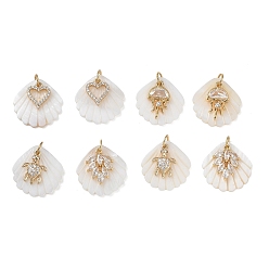 Golden Natural Freshwater Shell & Brass & Clear Cubic Zirconia Pendants, Mixed Shapes Charm, Golden, 22x21.5x3.5~5mm, Hole: 4mm