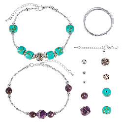 Mixed Color DIY Bracelets Making, with Dyed Synthetic Turquoise Drum Bead, Brass Spacer Beads, Tibetan Style Alloy Beads and Natural Amethyst Beads, Mixed Color, 7.4x7.2x1.7cm