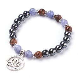 Кварц Тибетский стиль филигрань сплава очарование браслеты, с бусинами из натурального кварца(крашеные), немагнитные синтетические гранулы гематита и деревянные бусины, 2-1/8 дюйм (5.3 см)