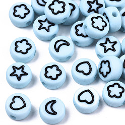Светло-Голубой Непрозрачные акриловые бусины, с эмалью, плоский круглый с сердцем, звездой, луной и цветком, Небесно-голубой, 7x4 мм, Отверстие : 1.5 мм , около 3670 шт / 500 г