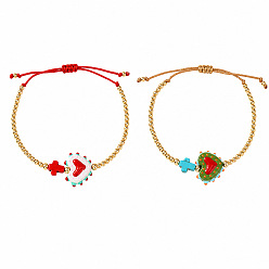 Mixed Color 2Pcs 2 Colors Dyed Synthetic Turquoise Cross and Glass Heart Braided Bead Bracelets for Women, Adjustable Stackable Bracelets with Round Brass Beads, Golden, Mixed Color, 11.02 inch(28cm), 1pc/color