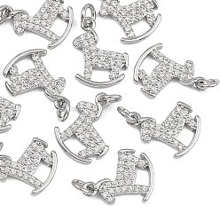 Real Platinum Plated SHEGRACE Brass Clear Cubic Zirconia Charms, Hobbyhorse Charms, Cadmium Free & Lead Free & Nickel Free, Real Platinum Plated, 12x9.5x1.5mm, Hole: 3mm