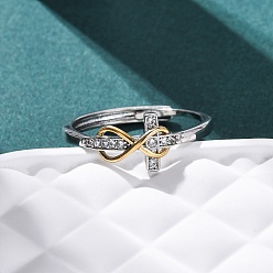 Платиновый & Золотой Латунные микропаве прозрачные кубические цирконии регулируемые кольца для женщин, крест бесконечности, платиной и золотом, 8.5 мм, внутренний диаметр: американский размер 10(19.8мм)