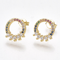 Golden Brass Micro Pave Cubic Zirconia Ear Studs, with Ear Nuts, Ring, Golden, 12x11mm, Pin: 0.7mm