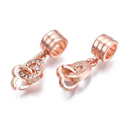 Crystal Rack Plating Alloy European Dangle Charms, with Rhinestone, Large Hole Pendants, Cadmium Free & Nickel Free & Lead Free, Rose Gold, Heart, Crystal, 24.5mm, Hole: 5mm, Heart: 7.5~12x8x1.5~2mm