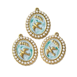 Oval 304 нержавеющей стальной эмали подвески, с абс пластмассовыми жемчужными бисером, ионное покрытие (ip), золотые, птица, овальные, 26.5x19.5x2.5 мм, отверстие : 1.2 мм