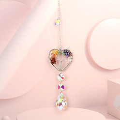 Смешанные камни Обернутая проволокой чакра, натуральный смешанный камень, сердце с подвеской в виде дерева жизни, украшения, стеклянные каплевидные кисточки для ловли солнца для оконных подвесных украшений, 375 мм