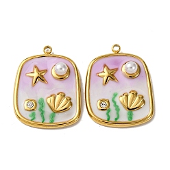 чертополох 304 нержавеющей стальной эмали подвески, с абс пластмассовыми жемчужными бисером, прямоугольник амулеты, реальный 18 k позолоченный, вакуумное покрытие pvd, чертополох, 23.5x18x5 мм, отверстие : 1.6 мм