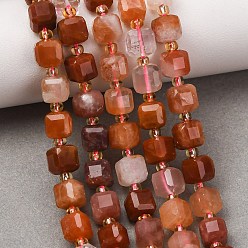 Quartz Rutilated Brins de perles de quartz rutile en poils de lapin rouge naturel, perles cubiques à facettes taillées sur table, avec des perles de rocaille, 6~7.5x6~7.5x6~7.5mm, Trou: 0.8~1mm, Environ 44~46 pcs/chapelet, 14.37~15.35'' (36.5~39 cm)