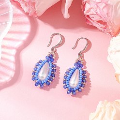 Королевский синий Серьги-подвески из искусственного акрилового жемчуга и стекла, с  латунными крючками для серег, слеза, платина, королевский синий, 49x19.5 мм