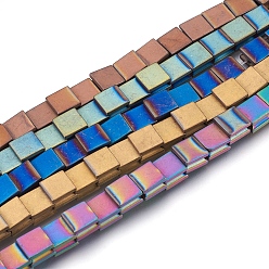 Mixed Color Electroplate Non-magnetic Synthetic Hematite Bead Strands, Frosted, Grooved, Square, Mixed Color, 8x8x5mm, Hole: 1.5mm, about 54pcs/strand, 16.7 inch(42.5cm)