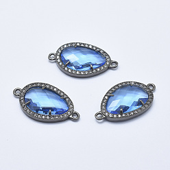 Васильковый Латунные микро проложить кубических ссылки циркония, со стеклом, граненые, слеза, металлический черный , васильковый, 28x16x4.5 мм, отверстие : 1.6 мм