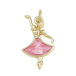 Pink Латунь эмаль подвески, очарование балерины, без кадмия и без свинца, реальный 18 k позолоченный, с целью перехода в кольце, розовые, 21.5x13x2 мм, отверстие : 3 мм