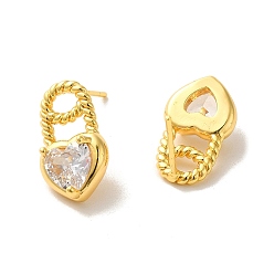 Real 18K Gold Plated Heart Brass Micro Pave Cubic Zirconia Stud Earrings, with 925 Sterling Silver Pins, Real 18K Gold Plated, 15.5x9mm