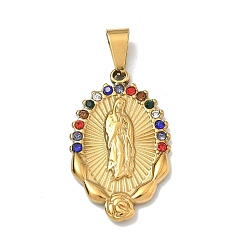 Oval Тема Девы Марии 304 подвески из нержавеющей стали, со стразами и 201 застежкой из нержавеющей стали на дужках, золотые, ионное покрытие (ip), овальные, 34x21x3 мм, отверстие : 8.5x4 мм