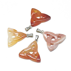 Красный Агат Крашеные природные сердолик подвески, с защелкой из нержавеющей стали на поручнях, Троицкий узел / трикетра, ирландцы, 23~40x33~38x5~7 мм, отверстие : 6x4 мм