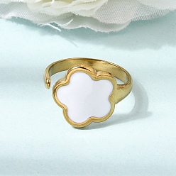 Golden 304 Stainless Steel Enamel Cuff Open Rings, Flower, Golden, US Size 7 1/4(17.5mm)