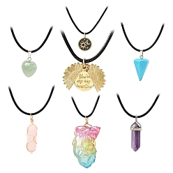Mixed Stone DIY Stone Pendant Necklace Making Kit, Including Gemstone Pendants, Brass Micro Pave Cubic Zirconia Pendants, Waxed Cotton Cord Necklace Making, Pendants: 7pcs/box