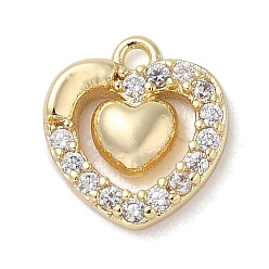 Real 18K Gold Plated Brass with Cubic Zirconia Charms, Heart, Real 18K Gold Plated, 11.5x10.5x3mm, Hole: 1.2mm