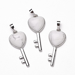 Говлит Природные подвески Говлит, с латунной фурнитурой платинового цвета, без кадмия и без свинца, Сердце ключевых, 39x16.5~17x6~7.5 мм, отверстие : 8x5 мм