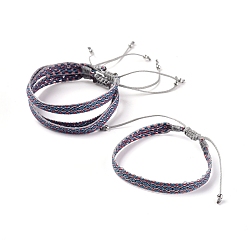 Blue Unisex Adjustable Braided Bead Bracelets, with Stainless Steel Beads, Steel Blue, 1-3/4 inch~3-1/4 inch(4.6~8.2cm)