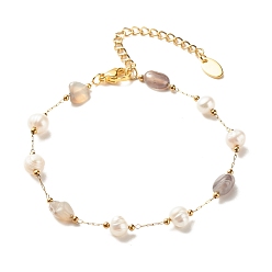 (946FM) Цитрин матовый с зеленой подкладкой Браслет из бусин из натурального ботсванского агата и жемчуга, позолоченные украшения из нержавеющей стали для женщин, 7-1/4~7-1/2 дюйм (18.5~19 см)