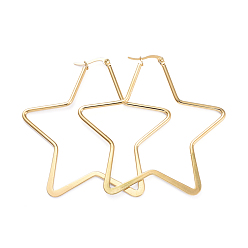 Golden 201 Edelstahl Creolen Ohrstecker , mit 304 Edelstahlstifte, Flach star, golden, 65.5x65x1.5~2 mm, Stift: 1x0.7 mm