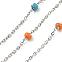 Dark Orange 304 Stainless Steel Enamel Link Chains, Soldered, with Spool, Flat Round, Dark Orange, 2x1.5x0.5mm