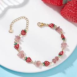 Красный Браслеты из натуральных бусин из клубничного кварца и латунной эмалевой цепочки для женщин, клубника, красные, 7.32 дюйм (18.6 см)