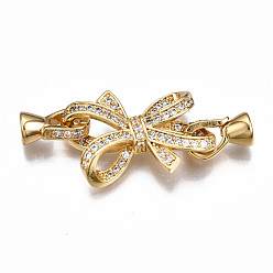 Real 18K Gold Plated Brass Micro Pave Clear Cubic Zirconia Fold Over Clasps, Nickel Free, Bowknot, Real 18K Gold Plated, 41mm long, Bowknot: 18x23x5.5mm, Hole: 8x3mm, Clasps: 12x7x5.5mm, Hole: 3.5mm